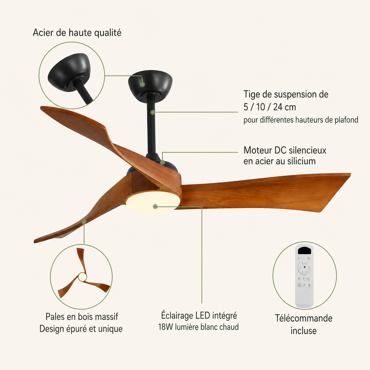 Ventilateur de Plafond Bois Design 52" — Moteur DC Silencieux, Télécommande & Éclairage Intégré