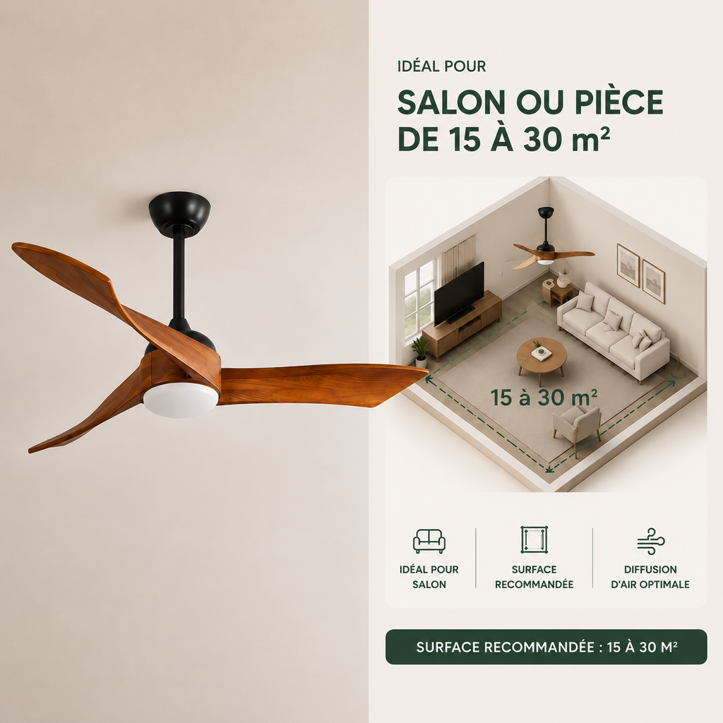 Ventilateur de Plafond Bois Design 52" — Moteur DC Silencieux, Télécommande & Éclairage Intégré