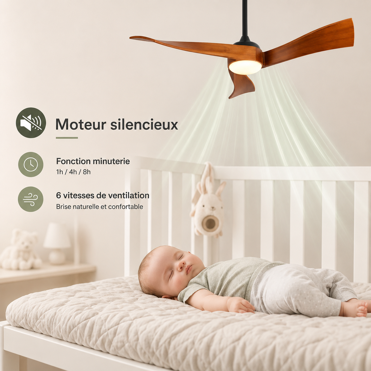 Ventilateur de Plafond Bois Design 52" — Moteur DC Silencieux, Télécommande & Éclairage Intégré