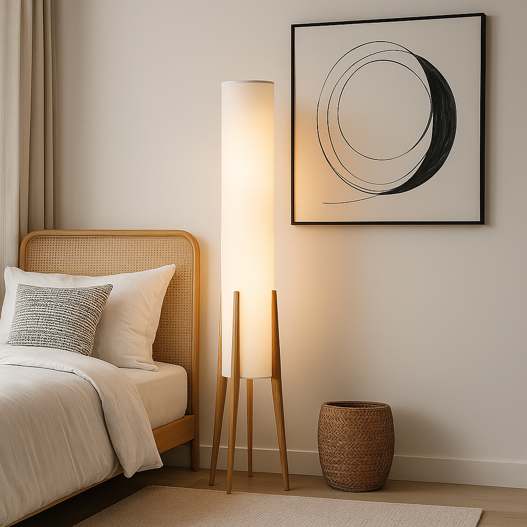 Lampadaire Épure Bois Massif – Abat-Jour Tissu Moderne