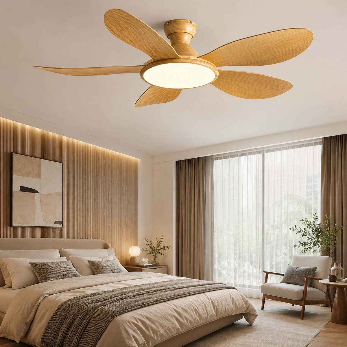 Ventilateur moderne avec LED 60 W et finitions bois