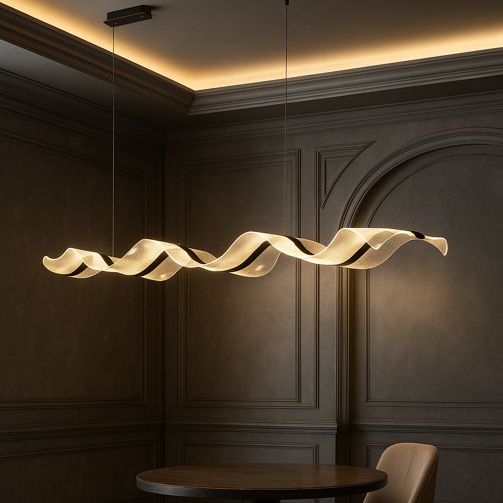 Suspension LED Vague Dorée – Design Ondulé