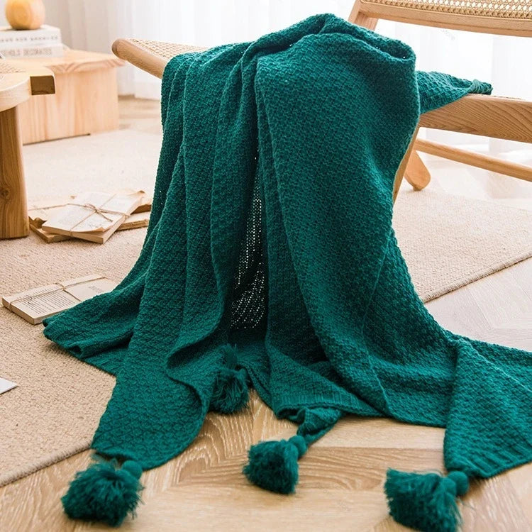 Plaid grosse maille gaufrée style nordique avec pompons — vue 7