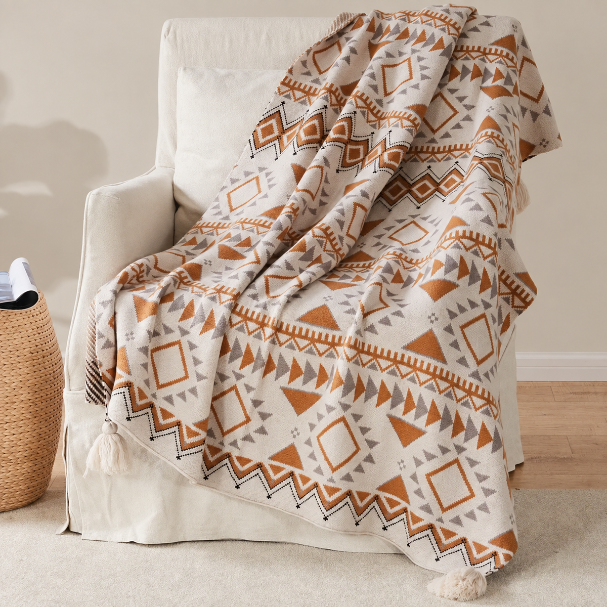 Plaid écru à motifs géométriques ocre et gris sur un fauteuil ivoire