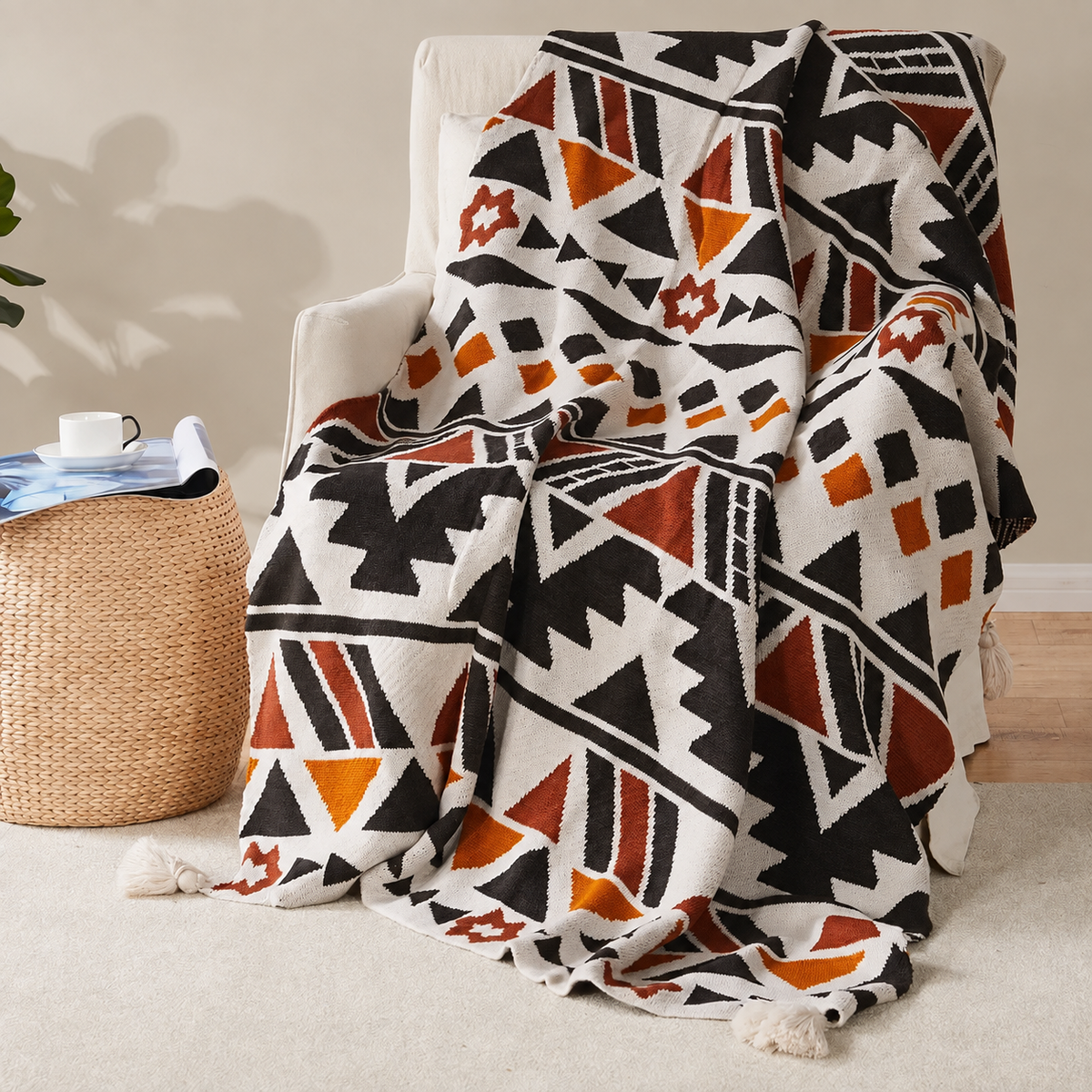 Plaid à motifs noirs orange et terracotta sur un fauteuil ivoire