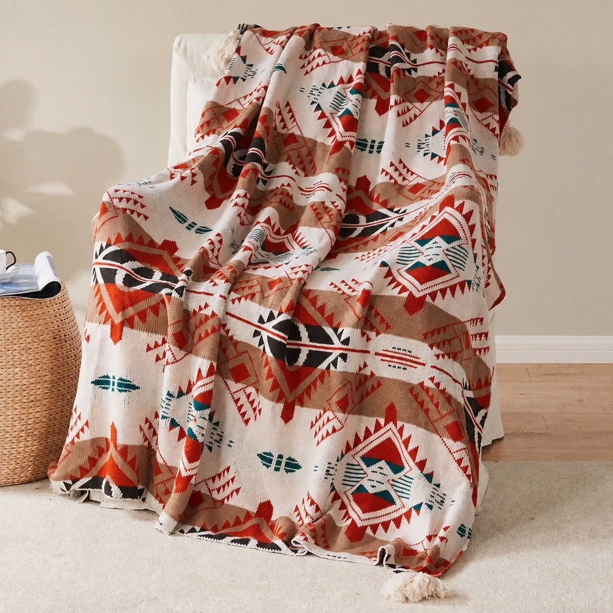 Plaid bohème rouge beige et vert à pompons sur un fauteuil ivoire
