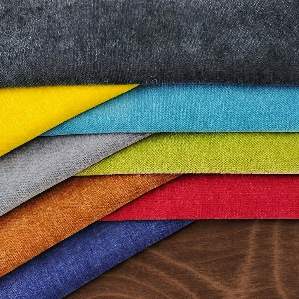 Échantillons de tissus chenille colorés superposés sur un support en bois