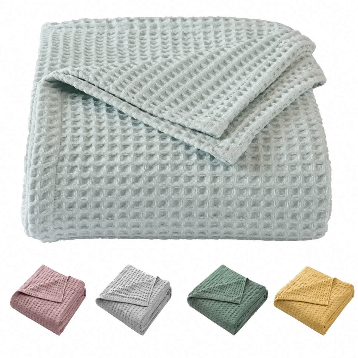 Plaid vert d’eau gaufré plié et ses quatre autres coloris sur fond blanc