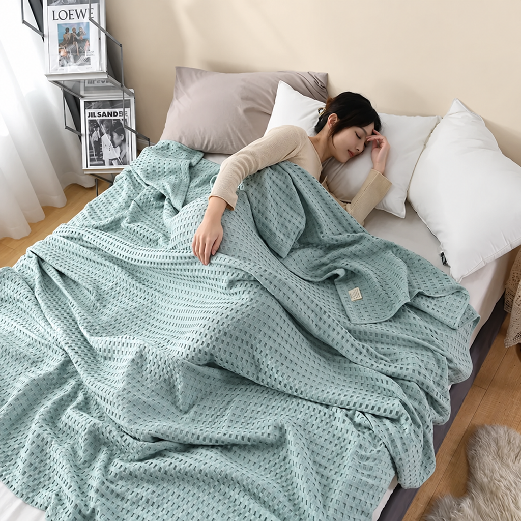 Plaid vert d’eau gaufré sur un lit dans une chambre beige