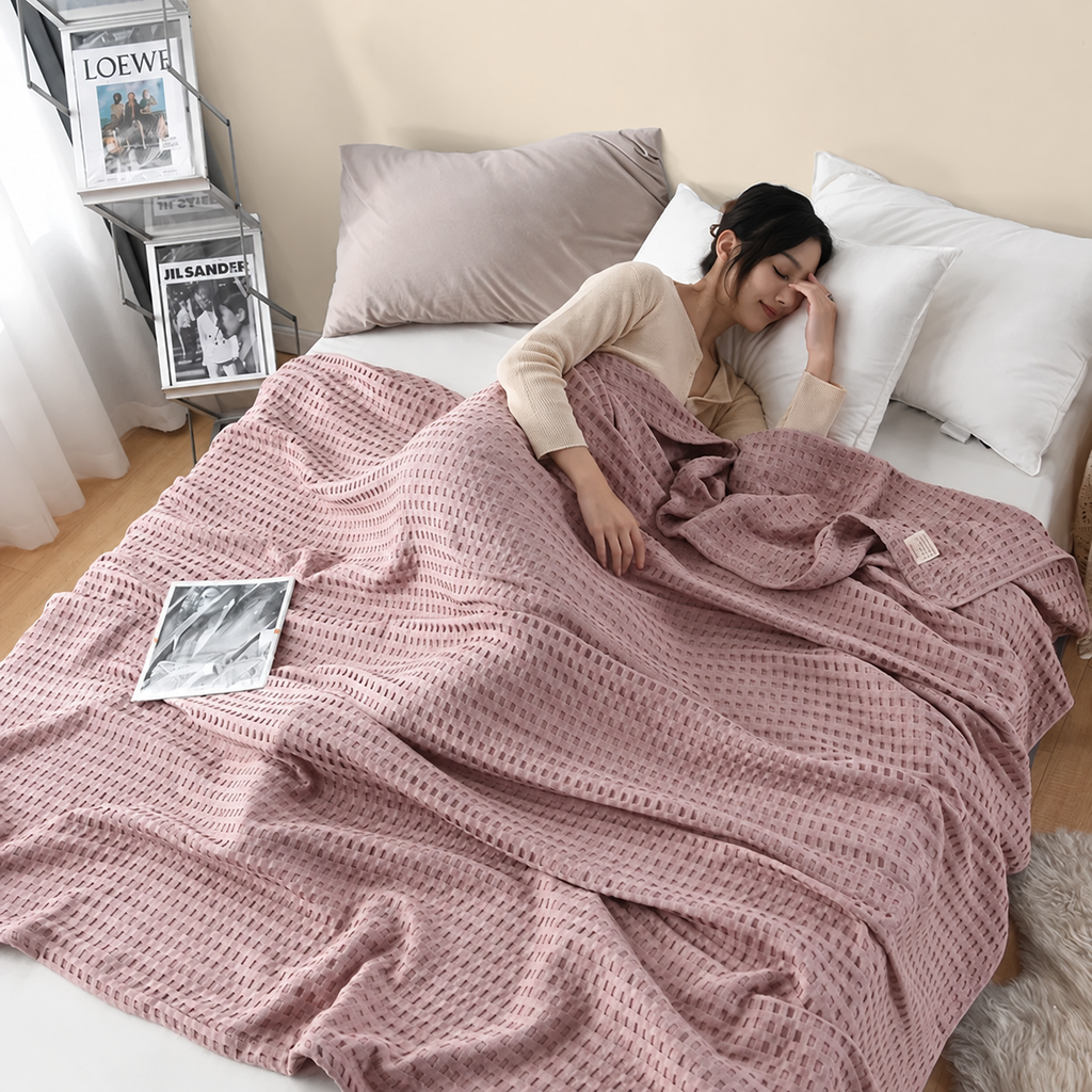 Plaid rose poudré gaufré sur un lit dans une chambre beige