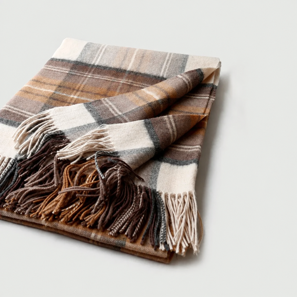 Plaid écossais brun plié avec ses franges disposées sur fond clair