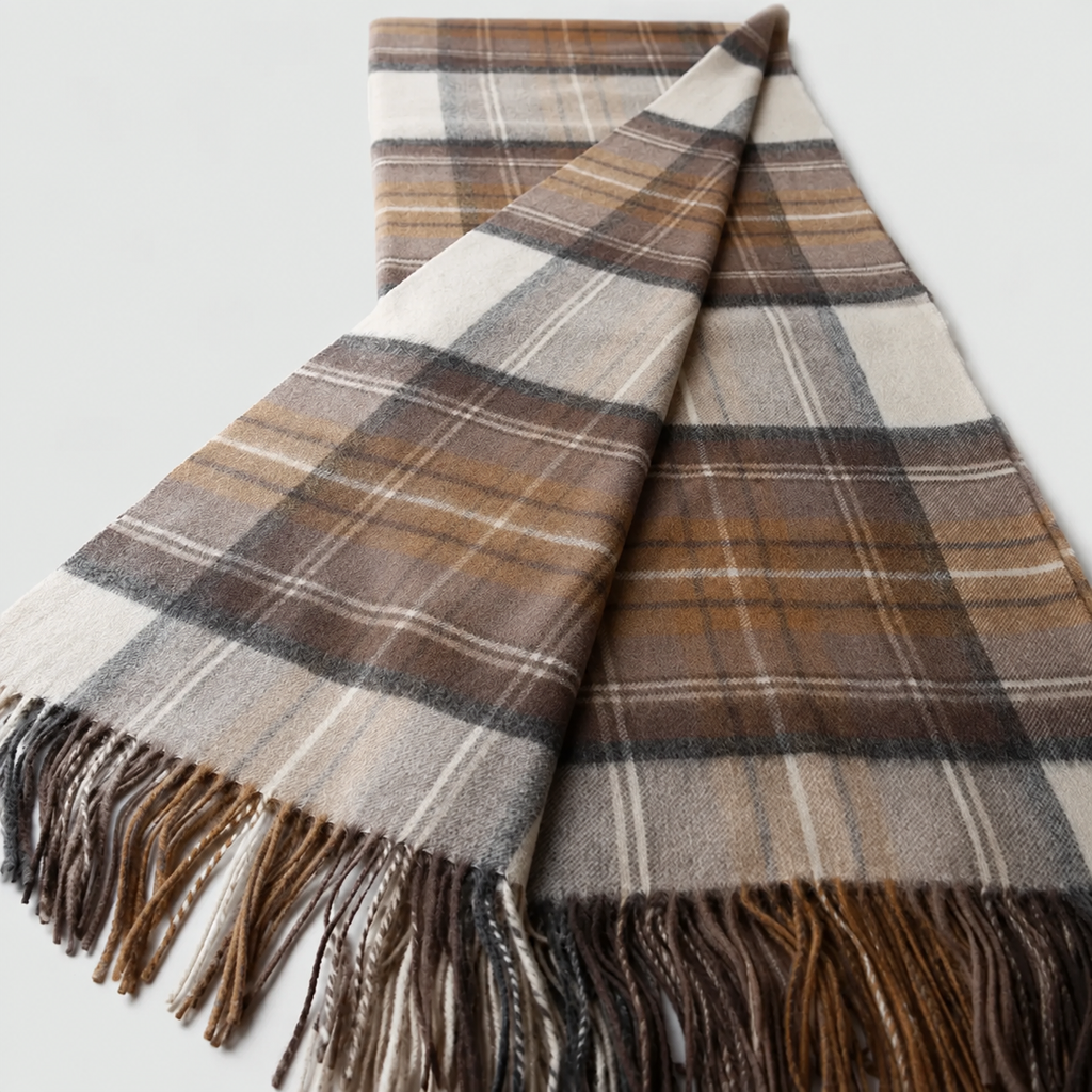 Plaid écossais brun gris et écru avec un pan rabattu sur fond clair