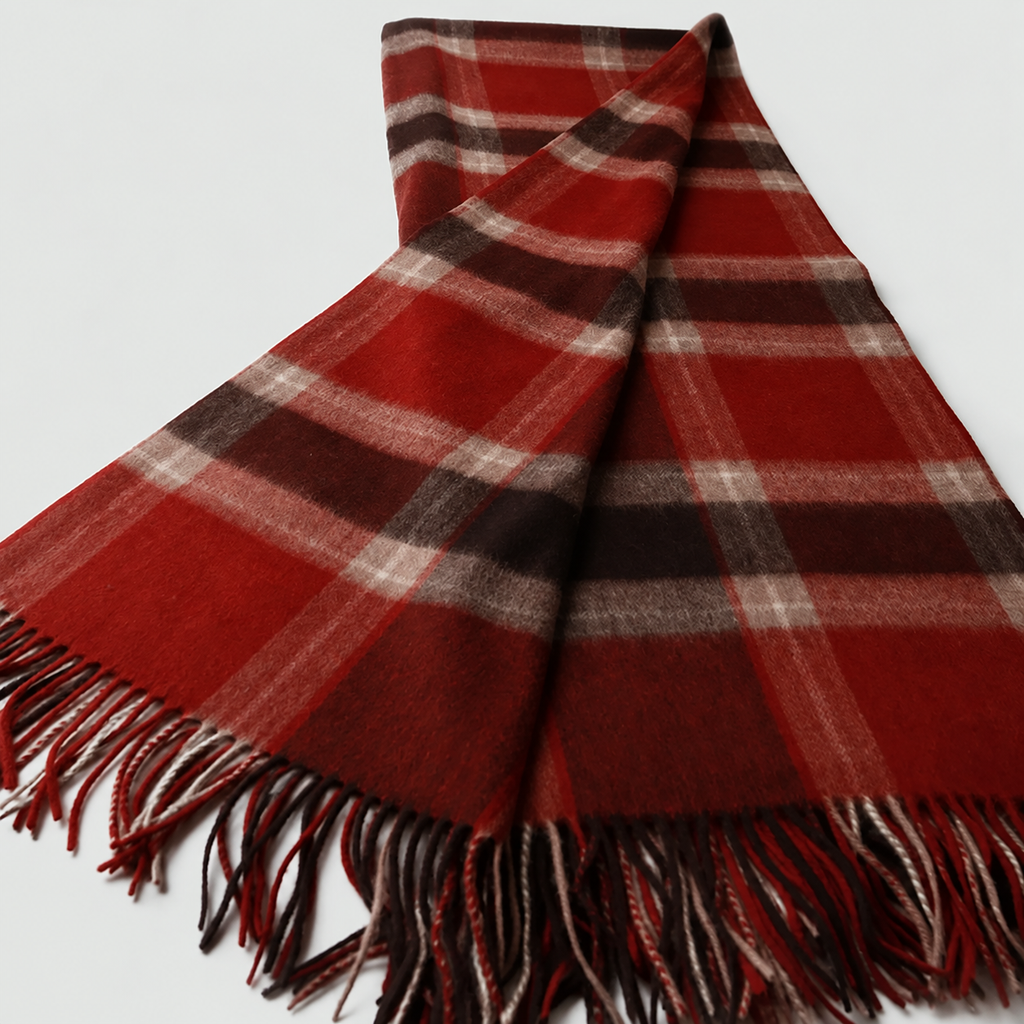 Plaid écossais rouge et brun à franges avec un pan rabattu