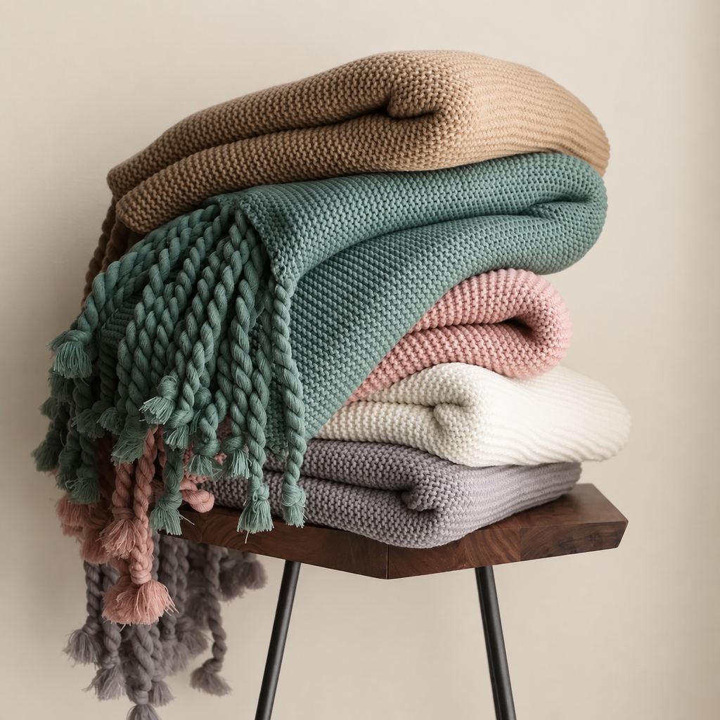 Plaids tricotés à franges torsadées empilés sur un tabouret en bois