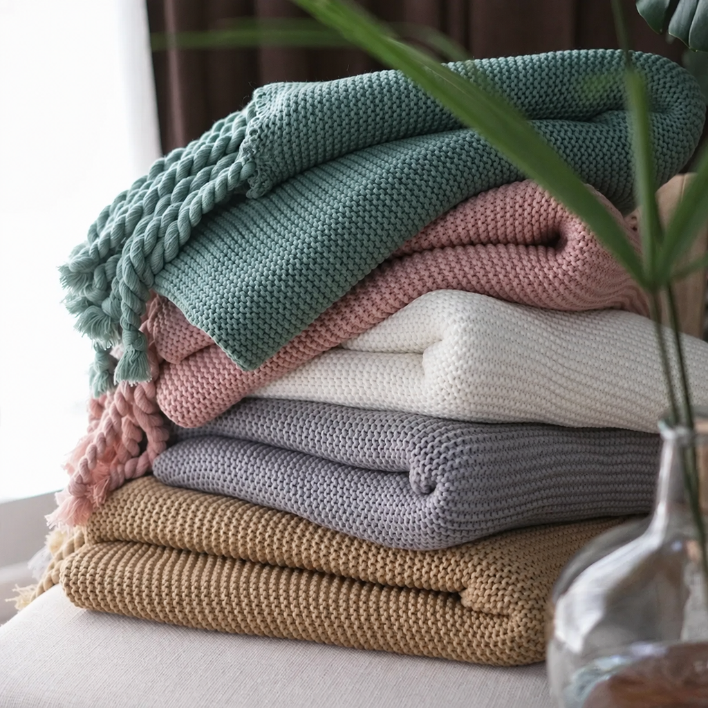 Plaids vert, rose, blanc, gris et beige empilés près d’une fenêtre