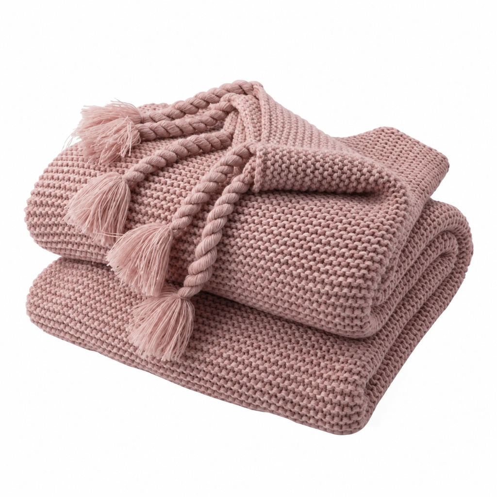 Plaid rose tricoté à franges torsadées plié sur fond blanc