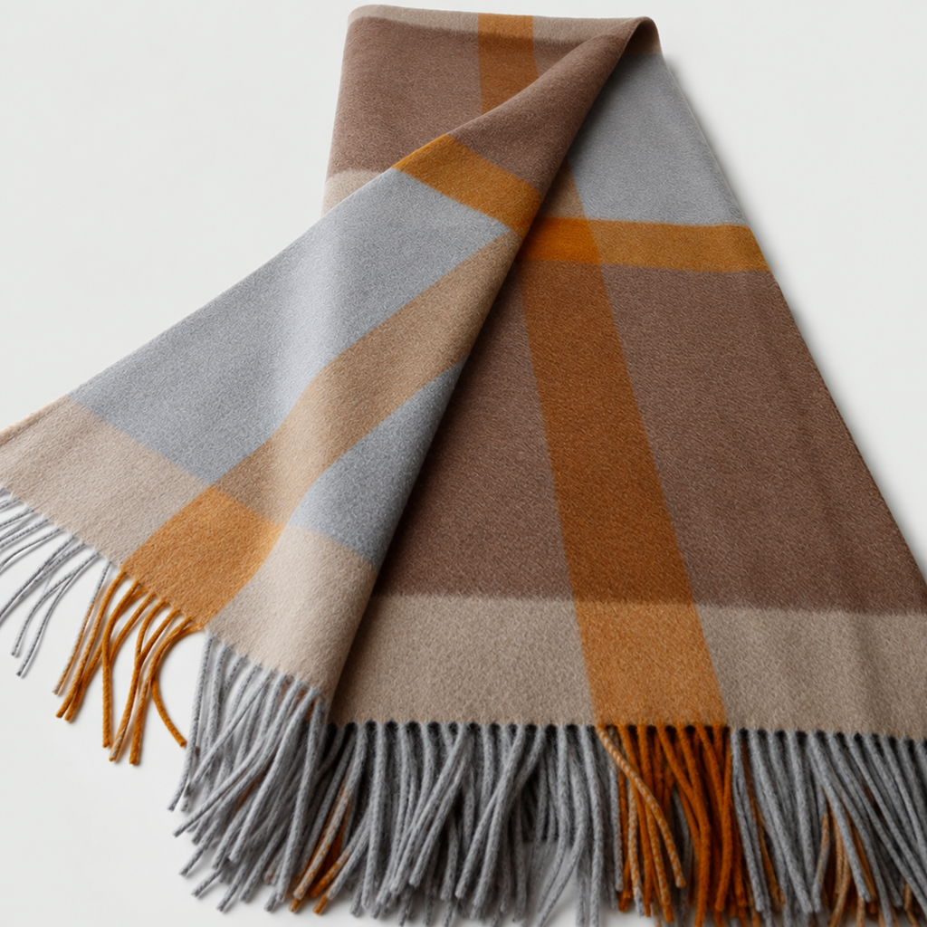 Plaid jacquard gris brun et ocre à carreaux avec un pan rabattu