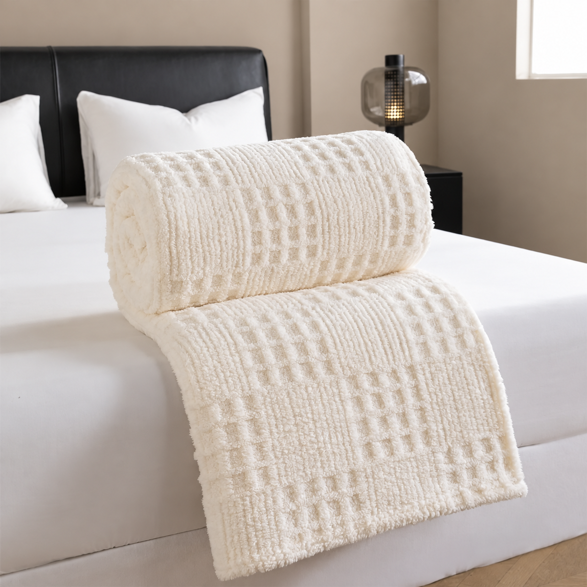 Plaid ivoire jacquard gaufré roulé sur un lit blanc dans une chambre taupe