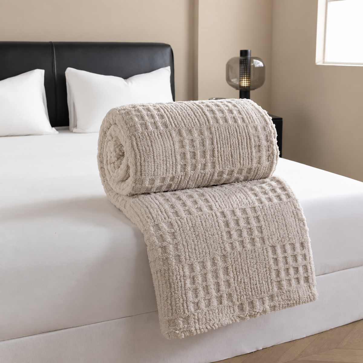 Plaid grège jacquard gaufré roulé sur un lit blanc dans une chambre beige