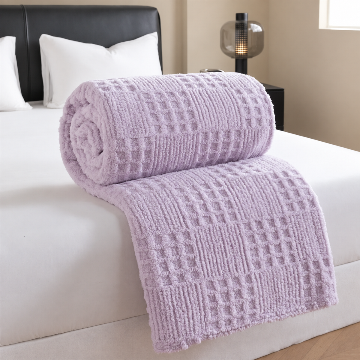 Plaid lavande jacquard gaufré roulé sur un lit blanc dans une chambre beige