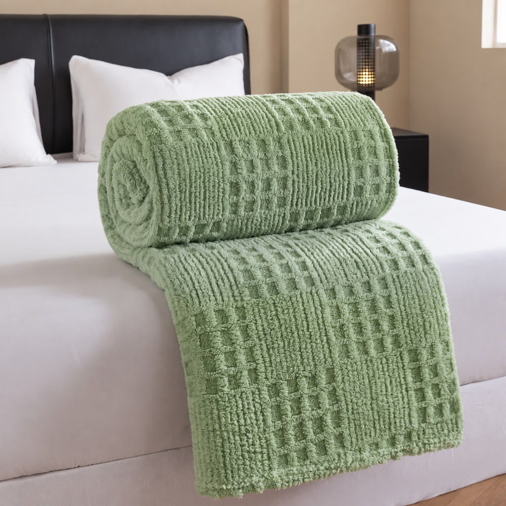 Plaid vert thé jacquard gaufré roulé sur un lit blanc dans une chambre beige