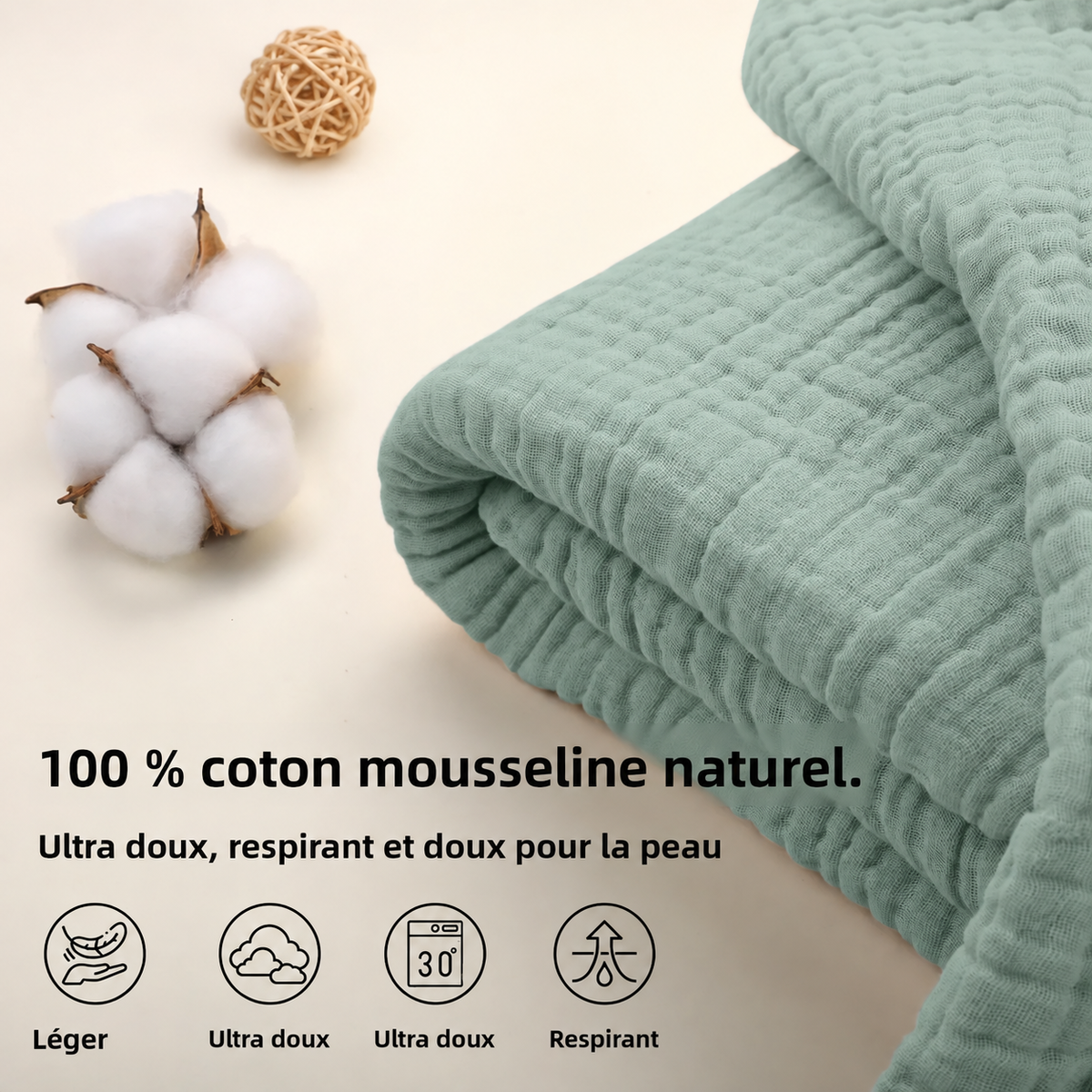 Détail du coton mousseline vert sauge avec une décoration en osier