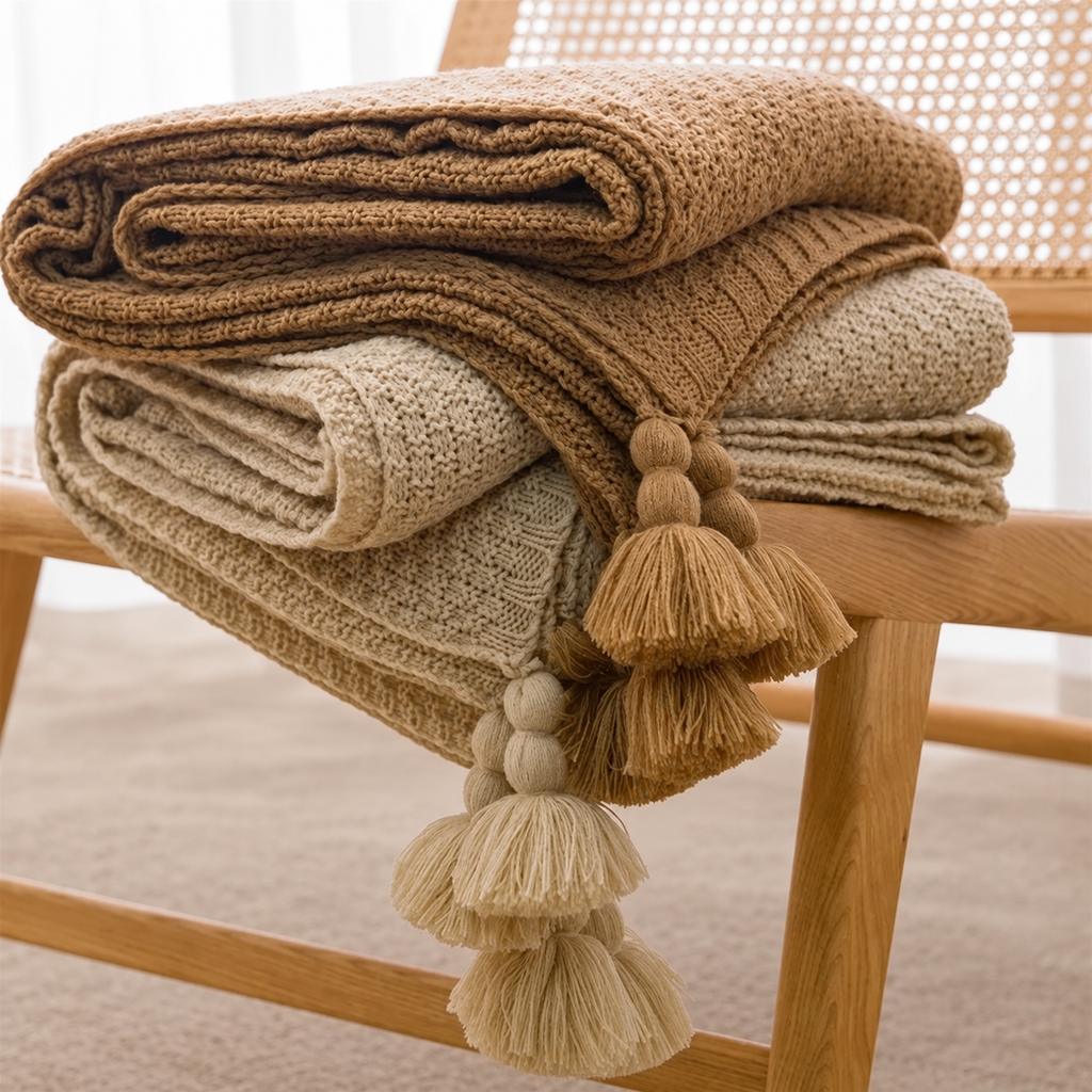 Plaids brun et beige pliés avec pompons à étages sur un fauteuil