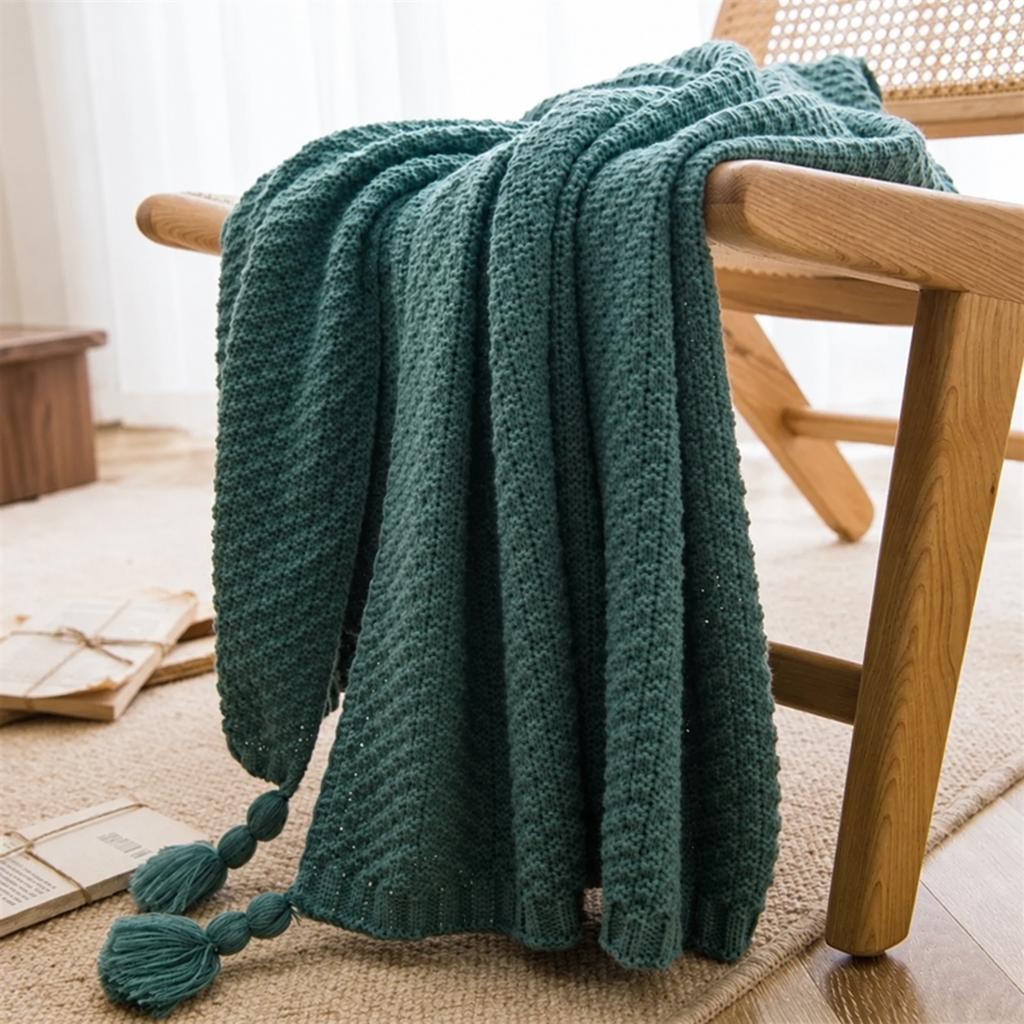 Détail du plaid vert à maille gaufrée et pompons sur un fauteuil